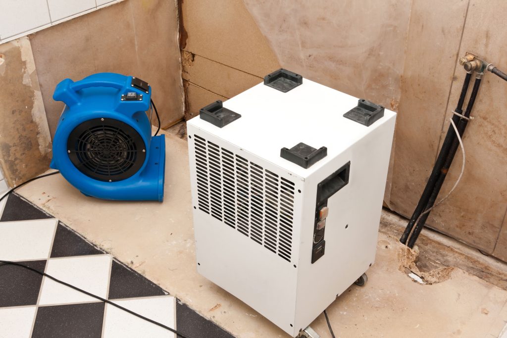 A blow dryer and dehumidifier are set up in a room as part of mold remediation services in Abilene, TX.